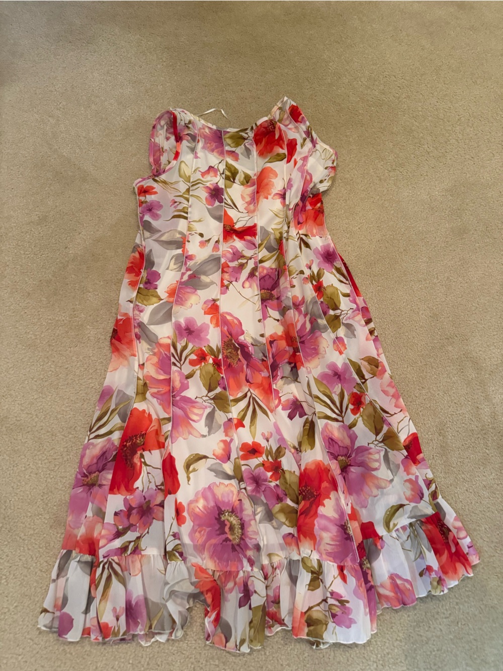 Sandra Darren White Floral Mini Dress with Pink & Red Blooms
